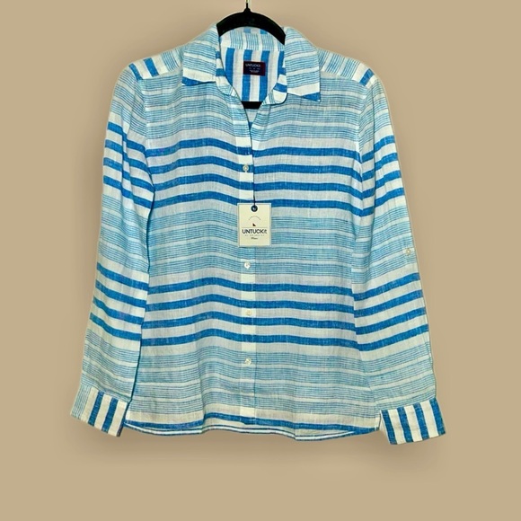 NWT UNTUCKit 100% Linen Vietti Blue & White Patterned Button Down Shirt, Size 0 - Picture 3 of 12